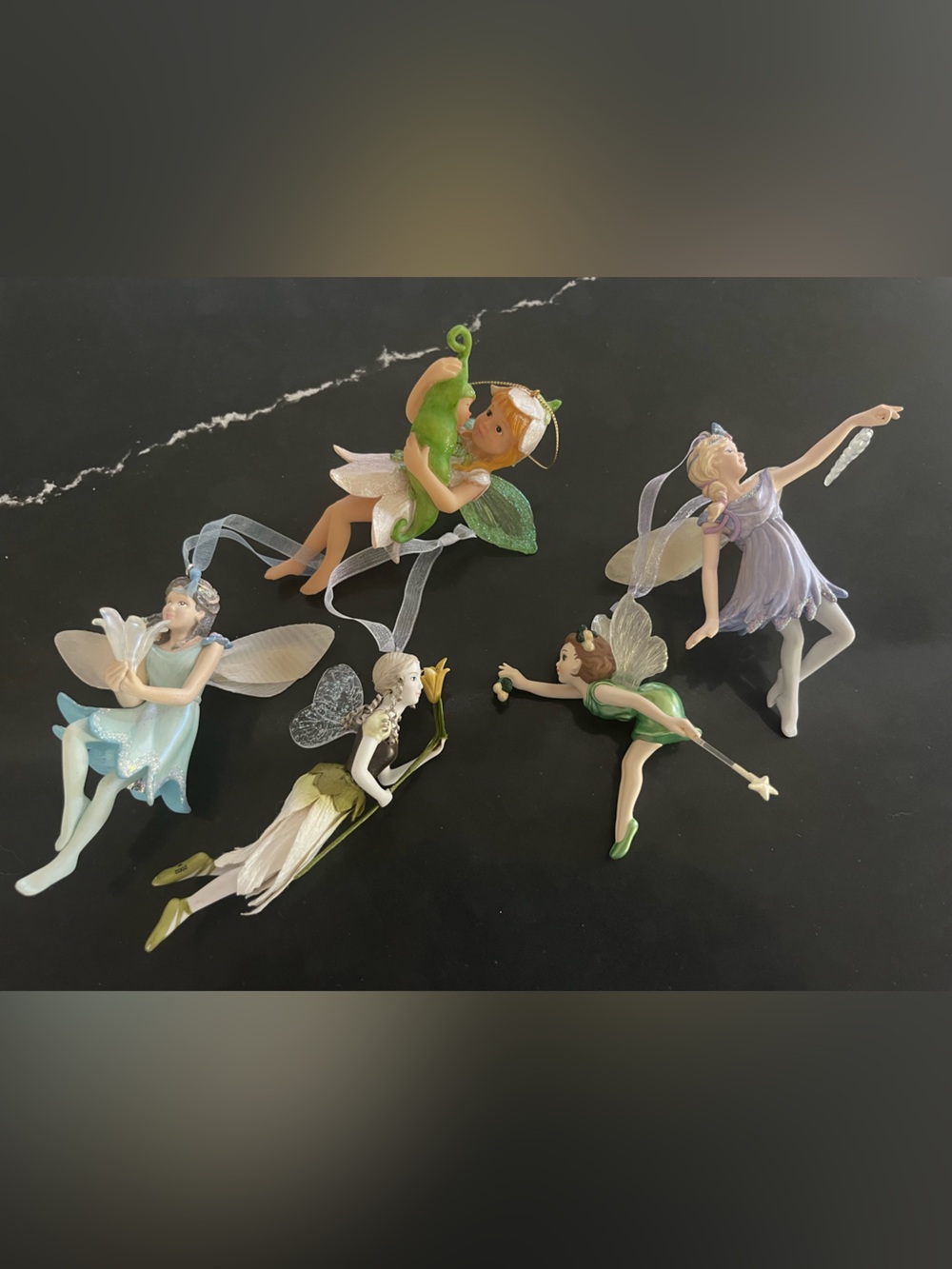 Set of 5 Vintage Fairy  Ornaments - Pastel Greens, Purples, Blue and Cream